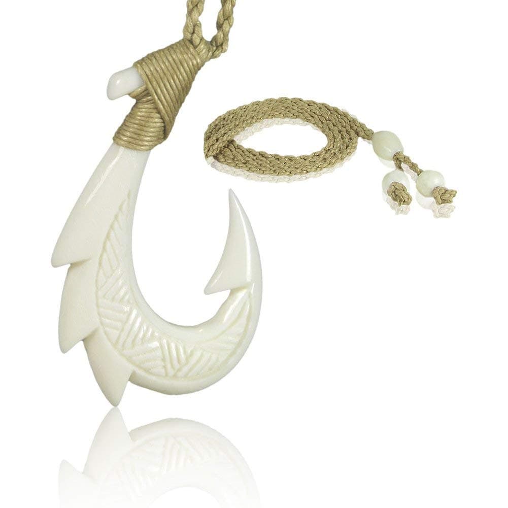 Hawaiian Hand Carved Bone Fish Hook Necklace