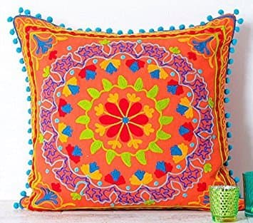 PDTXCLS ATAZUA Embroidered Orange Cotton Suzani Indian Cushion Cover. 20" X 20"