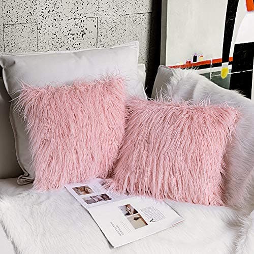 OJIA Pack of 2 Decorative Faux Fur Throw Pillow Cover Accent Soft Plush Boho Mongolian Cushion Case for Bedroom Livingroom Sofa Couch(24 x 24 Inch, Pink)