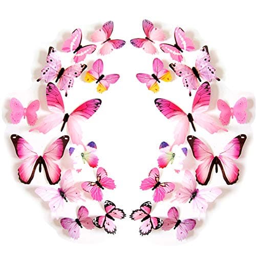 24PCS 3D Butterfly Wall Decal Removable Stickers Decor for Kids Room Decoration Home and Bedroom Art Mural Pink
