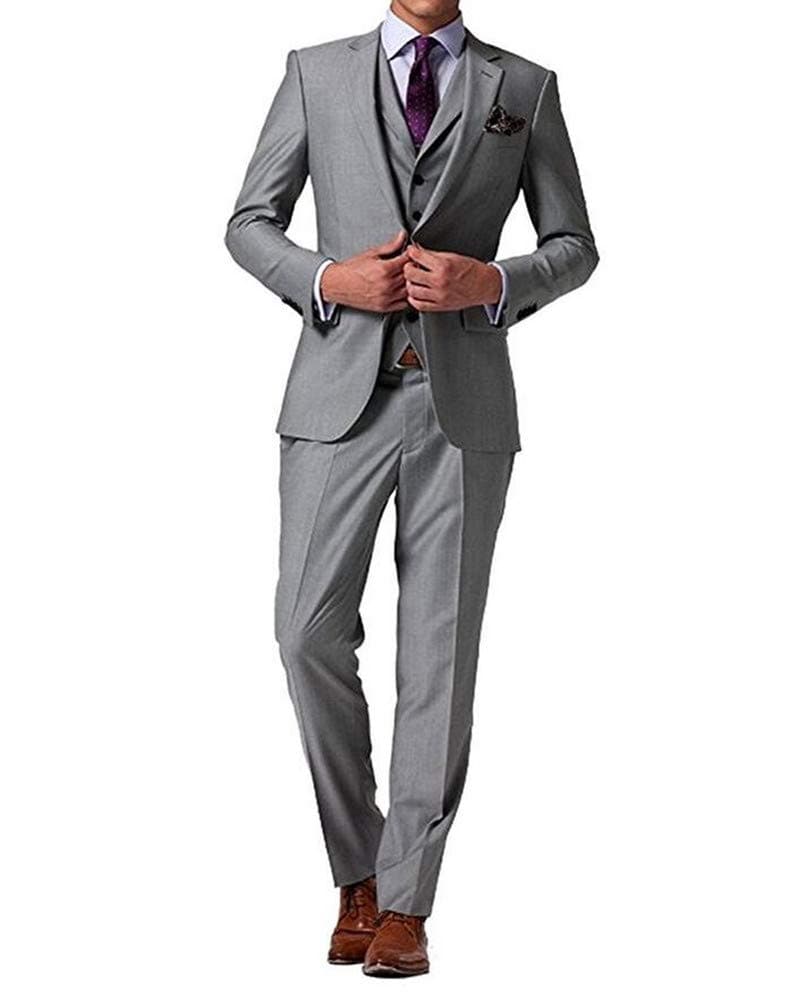 Men's 3 Pieces Grey Two Buttons Suits Formal Slim Fit Business Suits Wedding Suits Prom Tuxedos