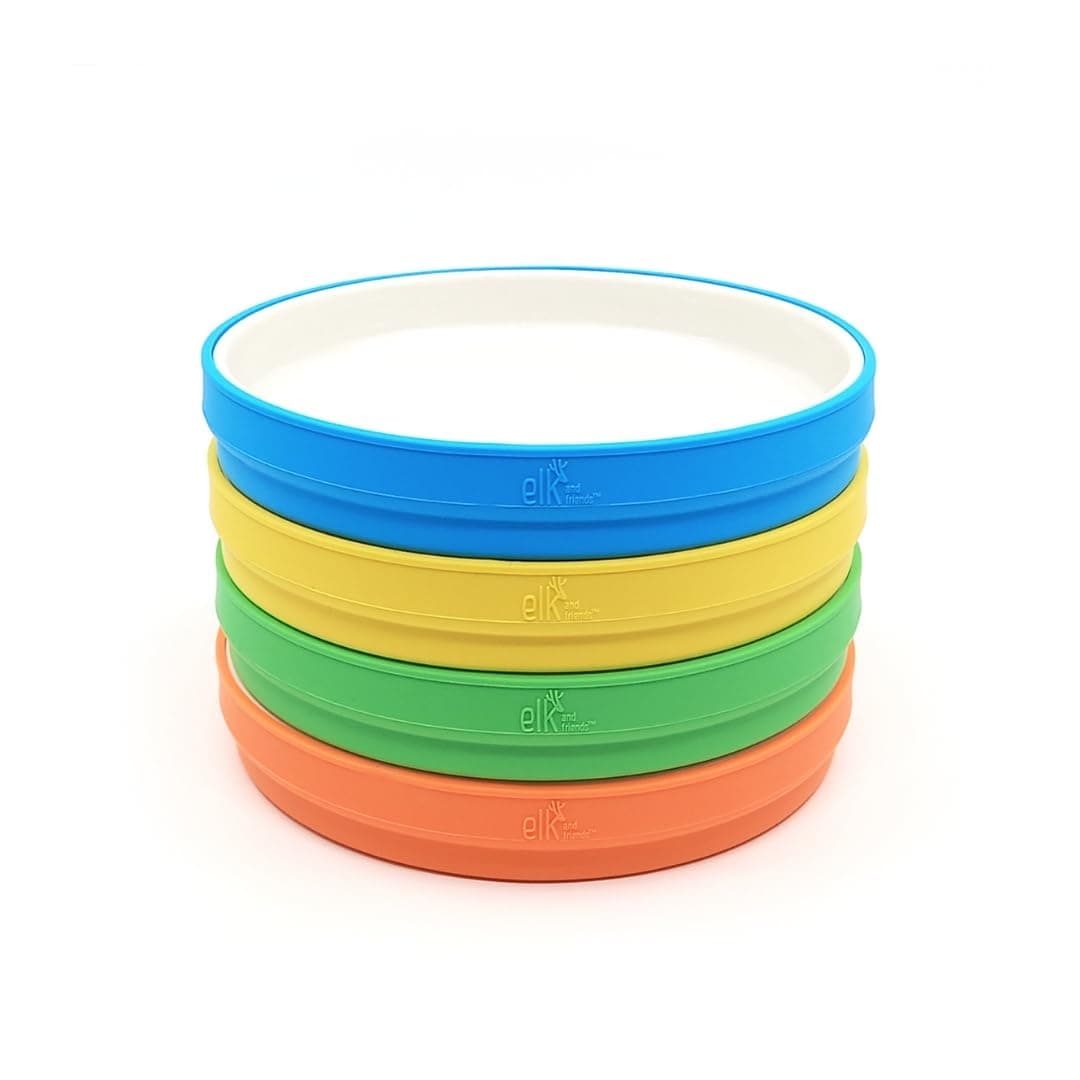 Kids 7.8” Porcelain White Plates with Silicone Sleeves | Suitable for Babies/Toddlers | Microwave & Dishwasher Safe | Non Slip Dinnerware | Snack Dishes | 4 Pack