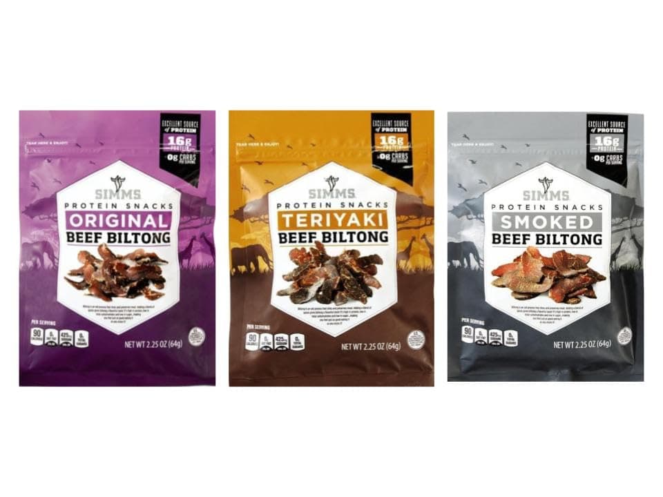 Simms Beef Biltong Variety Pack: Original, Teriyaki, & Smoked | 2.25 oz, (Pack of 3, 6.75 oz) | Great for a On-the-Go Snack, Post-Workout Snack, Charcuterie Boards, Travel or Camping Food