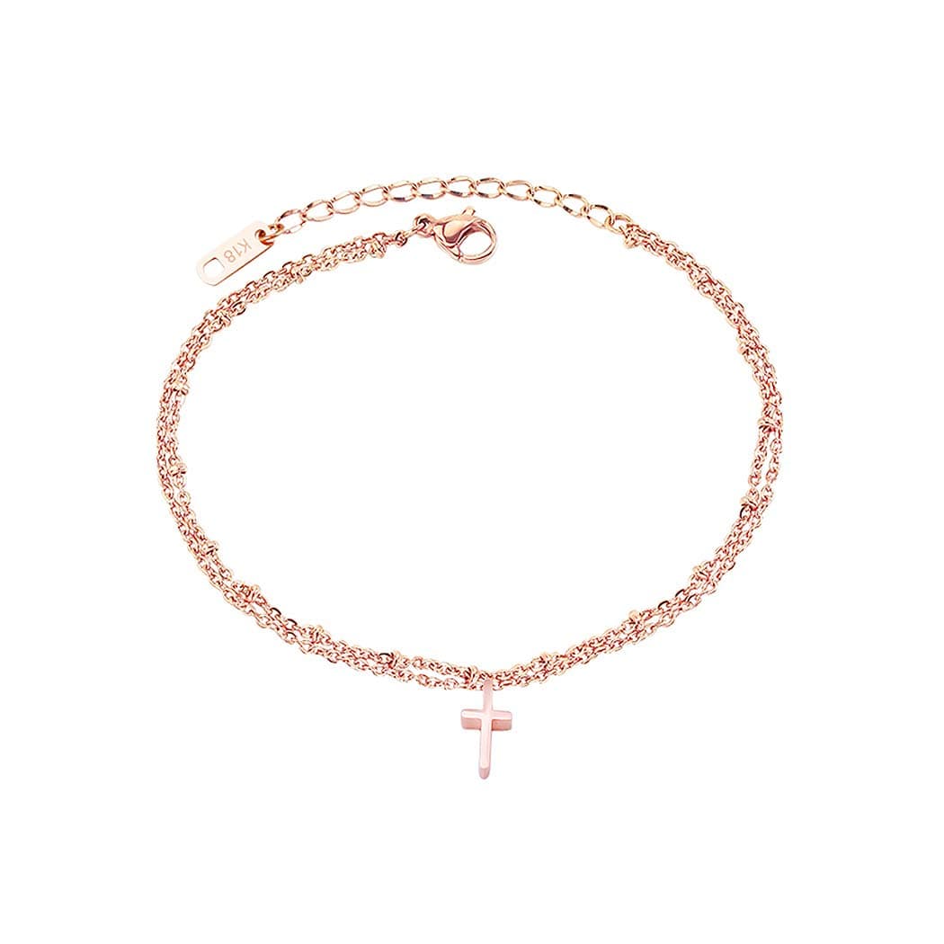 Rose Gold Ankle Bracelets for Women - Adjustable Dainty Layered Cross Anklet in RoseGold Perfect for Teen Girls,Ladies - Fashion Stainless Steel Layered Link Foot Jewellery