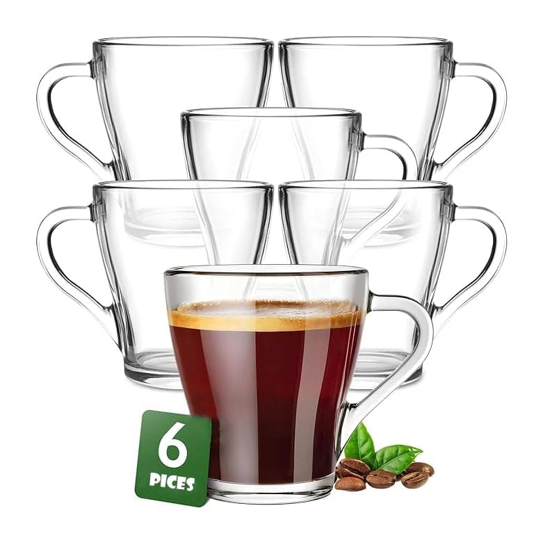 Crystal Clear Toughened Glass Tea Cup with Convenient Solid Handle Cups, Espresso Mug Set for Tea, Coffee, Hot/Cold Drinks (European 200 ML, 6)