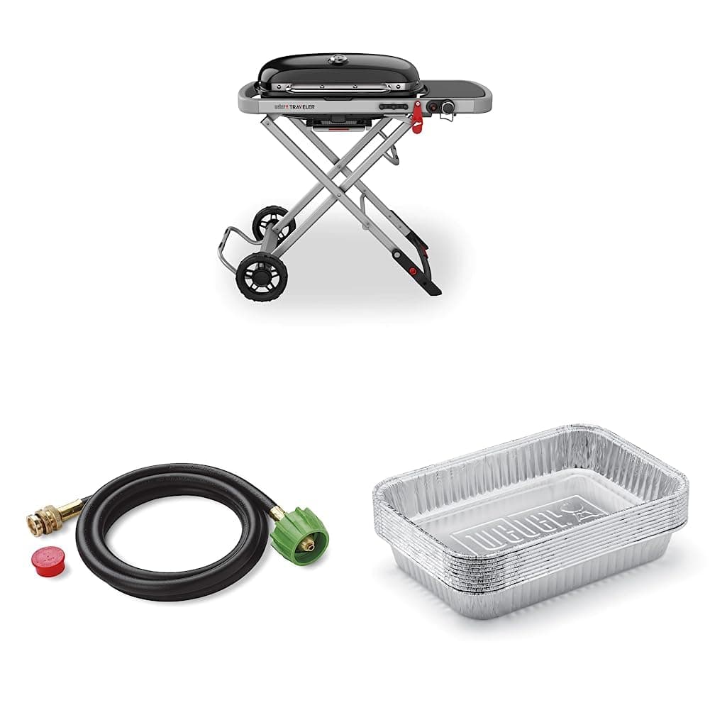 Weber Traveler Portable Gas Grill, Black & Adapter Hose for Weber Q-Series and Gas Go-Anywhere Grills, 6-Feet, Black & Aluminum Drip Pans, 5 x 1.4 x 7.5 Inches, Set of 10