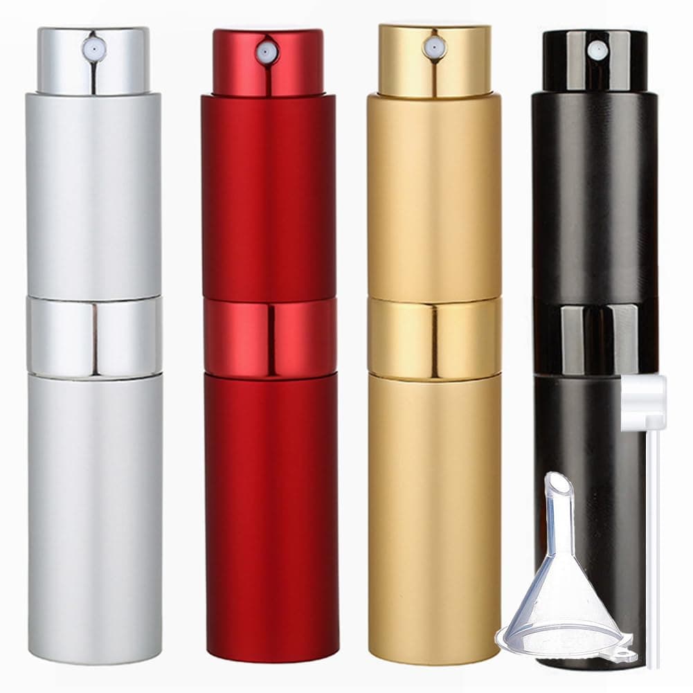Cheeroyal 8ML Perfume Atomiser Bottles Refillable Perfume Atomizer Empty Spray Bottles Mini Atomizer Perfume Bottle Portable Pocket Perfume Bottle for Travel Men Women (4pcs-black+sliver+red+gold)