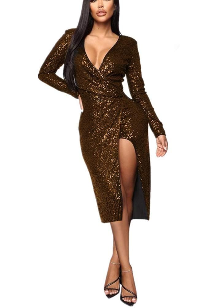 OLUOLIN Womens Sexy Sparkly Glitter Long Sleeve One Off Shoulder Ruched Sheath Irregular Midi Dress