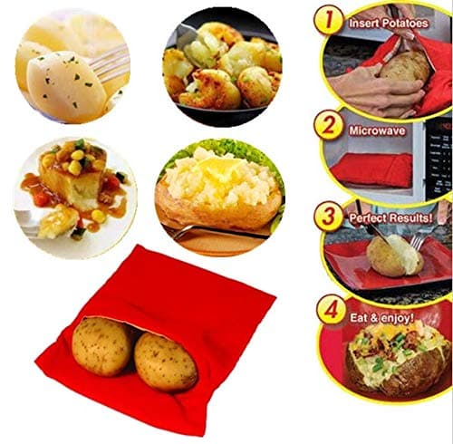 (3 Pack) Microwave Potato Bag, Corn, Day-old bread, Tortillas Cooker Bag, Washable and Reusable, Red