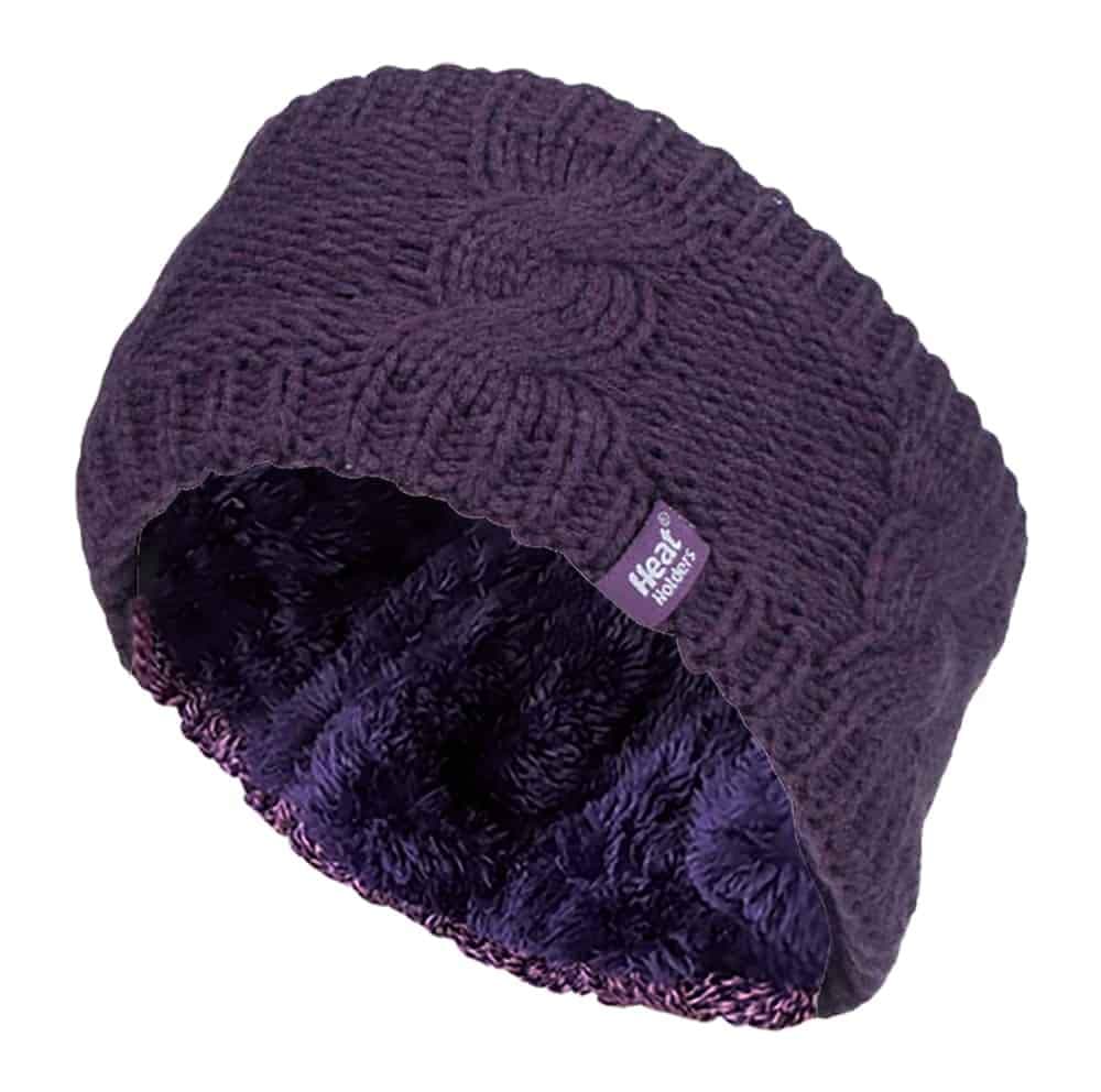 Heat Holders - Ladies Thick Cable Knitted Fleece Lined Thermal Winter Empty Skull Ear Warmer Headband (One Size, Purple)