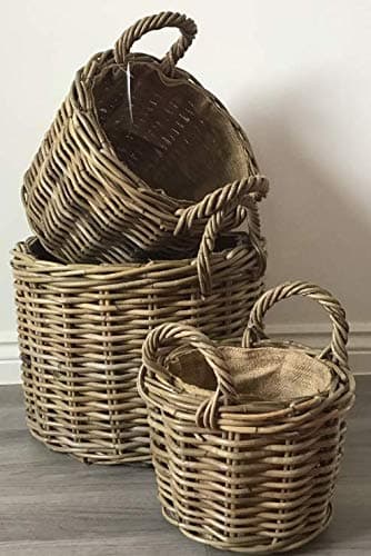 Round Log/Kindling/Storage Baskets, Hessian Lined, Excellent Quality, Very Strong Kuba Rattan (Set of 3)