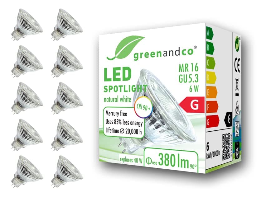 greenandco® CRI 90+ 4000K 36° LED spot Replaces 40 Watt GU5.3 MR16 Halogen Spotlight, 6W 380 Lumen Neutral White 12V AC/DC, not dimmable, 10-Pack [Energy Class G]