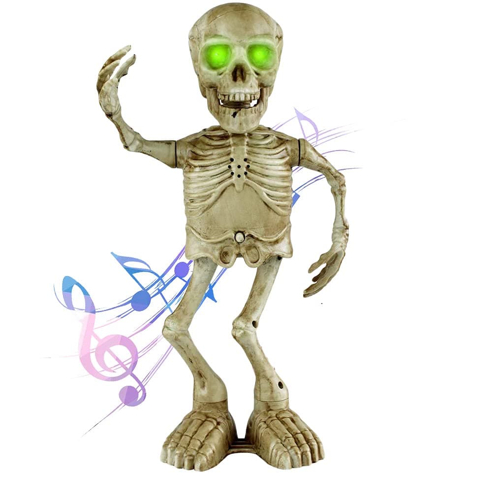 Skeleton Animated Props Indoor Outdoor Dancing Skeleton Halloween Skull Decorations Singing with LED Eyes Batteries Operated Creepy Skeleton Props for Kids Haunted House Decor(16 Inch)