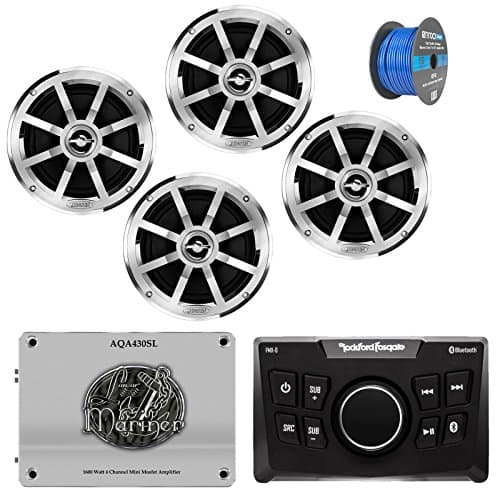 Rockford Fosgate PMX-0 Ultra Compact Bluetooth Marine Boat Digital Media Receiver Bundle Combo With 4x Jensen MSX60CPR 6.5" 2-Way Speakers + Lanzar 1800 Watt Amplifier + 22" Radio Antenna + 50 Ft Wire