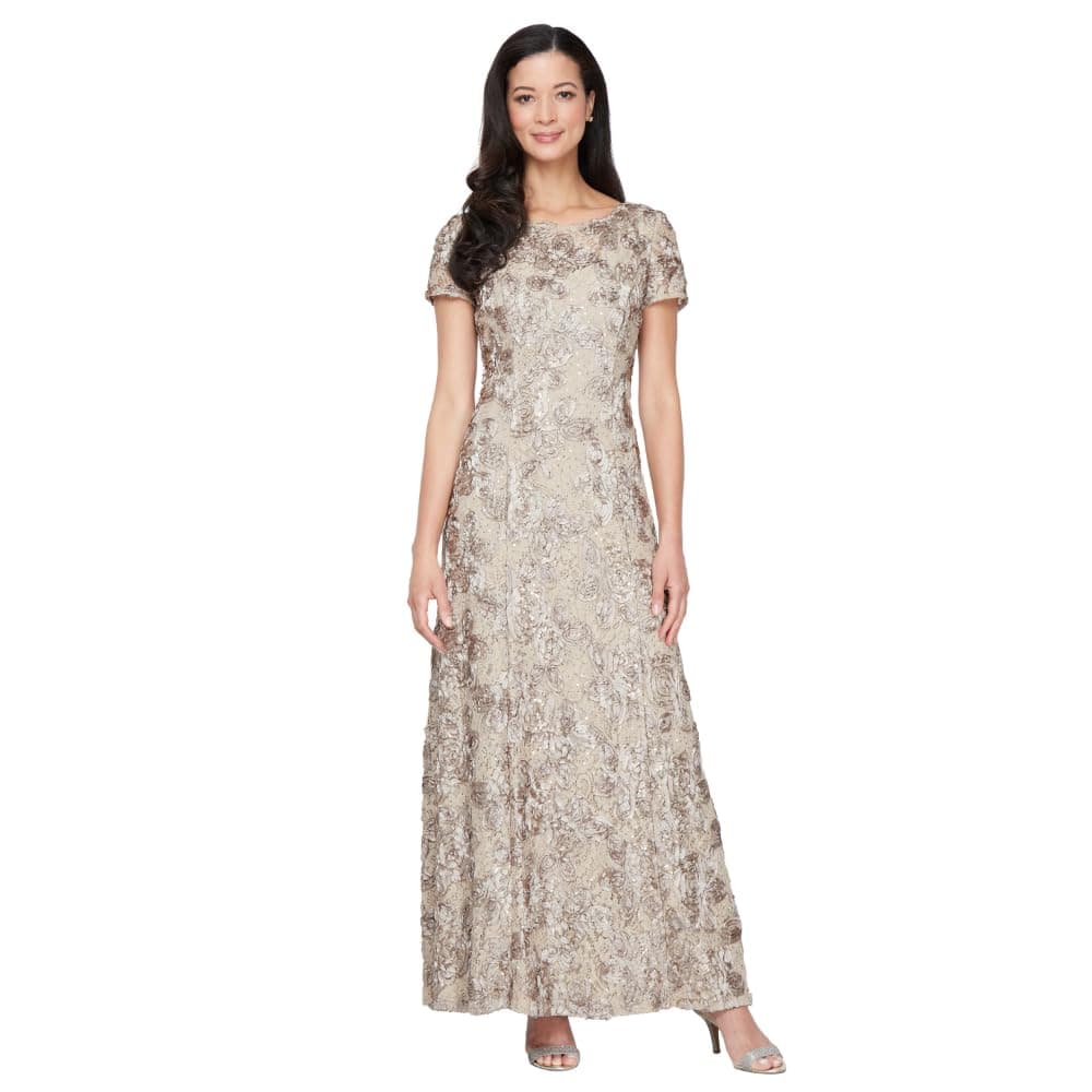 Alex Evenings Women's Long Rosette Mother of The Bride Dress with Short Sleeves