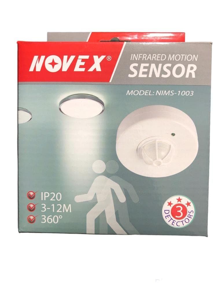 NOVEX NIMS-1003 Infrared Motion Sensor 360° Ceiling PIR Detector, 3–12m Range, 220–240V, Auto Light Control, Energy Saving Indoor Sensor