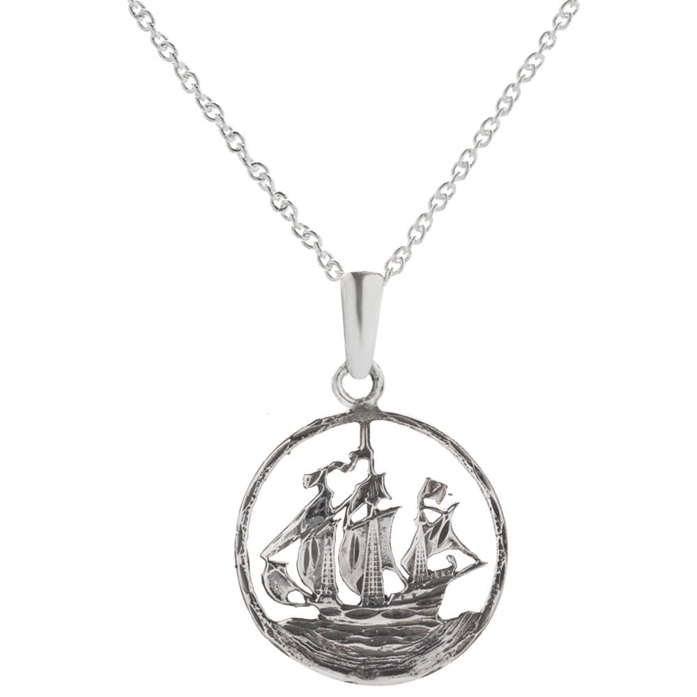 Sterling Silver Seven Seas Pirate Ship Pendant Necklace, 18"