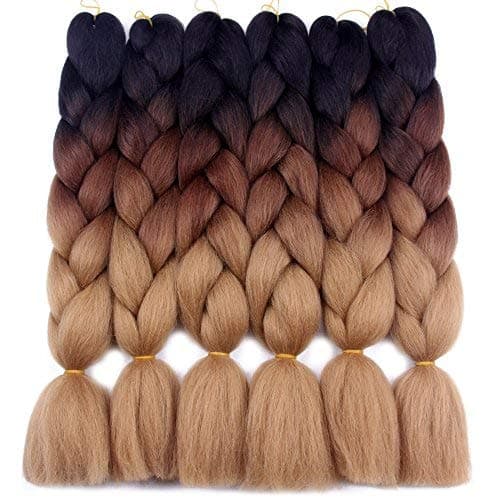 Ombre Kanekalon Braiding Hair Crochet Braids 24Inch 100g/Pcs 6Pcs/Lot Synthetic Jumbo Braid Hair Extensions (24 Inch, Black-Deep brown-Light brown)