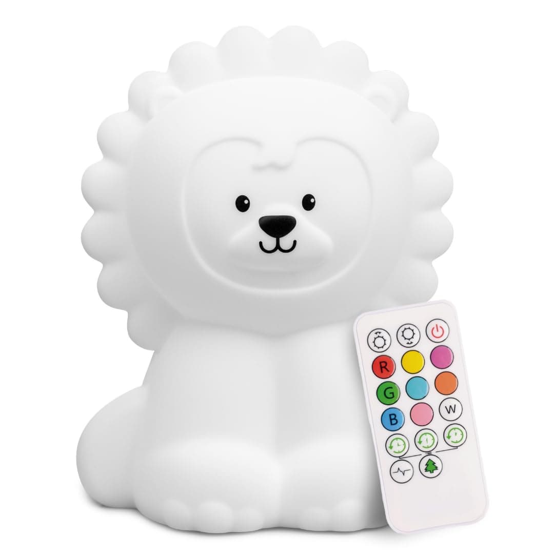 Remote Control Silicone Night Light for Kids - Lion Design with 9 Soft Colors & Sleep Timer - Rechargeable, Battery-Operated Lamp for Bedroom | Baby Nursery, Toddler, Girls, Boys