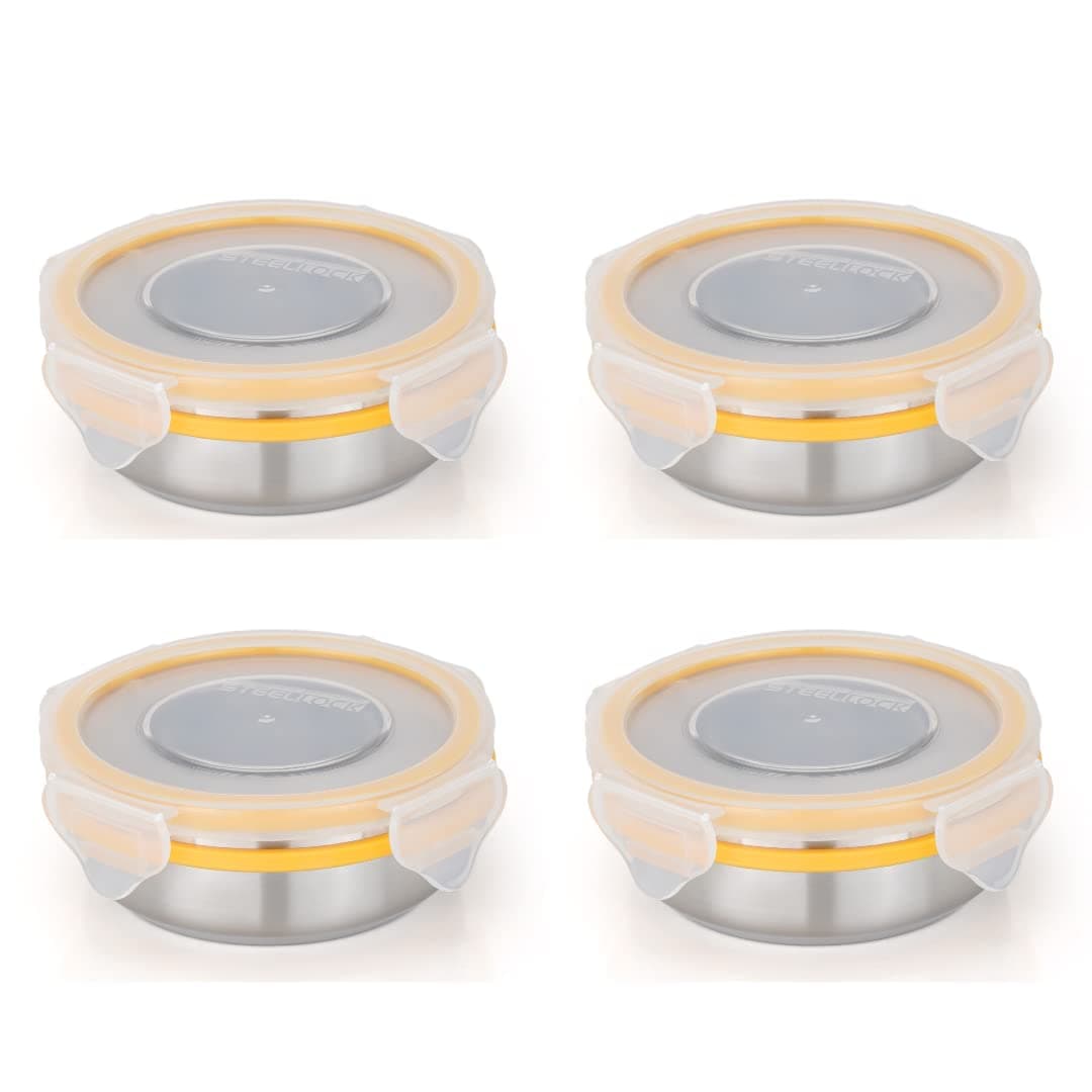 STEELLOCK Stainless Steel Airtight Container with Lid | Leakproof, BPA-Free | Multipurpose Food Storage Containers/Tiffin/Dabba for Office, School & Kitchen | SL-1200-set of 4, 150ml each, Yellow