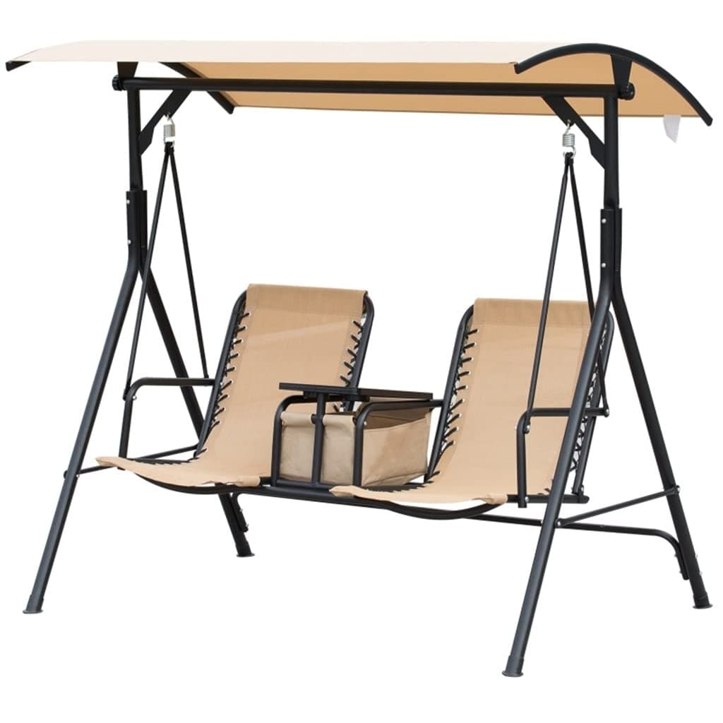 نوعي Beige 2-Seat Patio Swing Chair, Outdoor Canopy Swing Glider With Pivot Storage Table, Cup Holder, Adjustable Shade