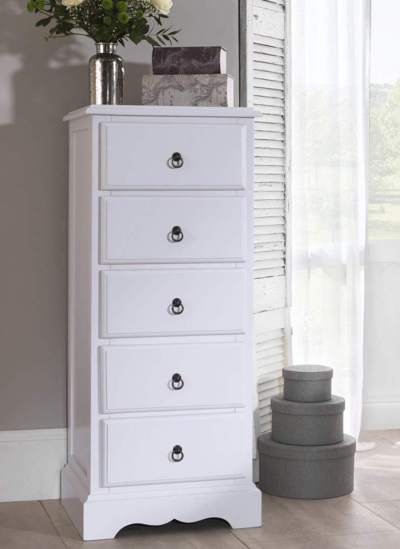 Romance TRUE White 5 Drawer Tallboy, Quality FULLY ASSEMBLED chest of drawers