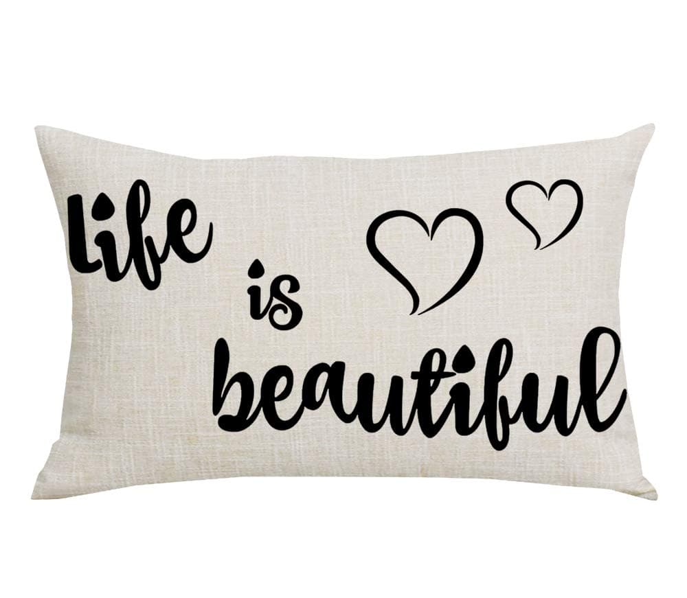 WENIANRU Black Word Art Life is Beautiful Inspirational Home Sofa Chair Bed Decoration Lumbar Pillowcase Cotton Linen Decorative Throw Pillow Cover Case Rectangular 12 x 20 Inches