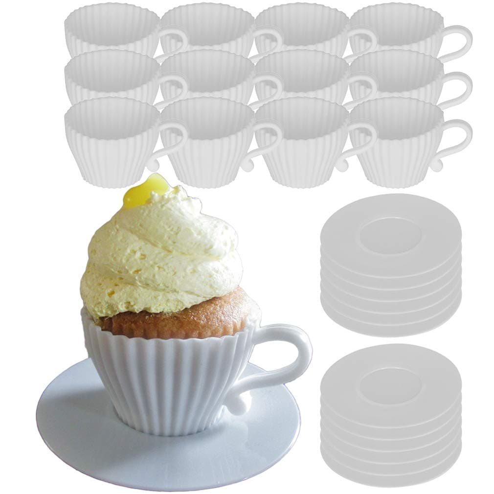 Evelots 24 Piece Set Oven Safe Silicone Mold Teacup Shaped Cupcake Baking Set (12 Cups/12 Saucers)-Reusable Food Grade BPA Free-2 Colors