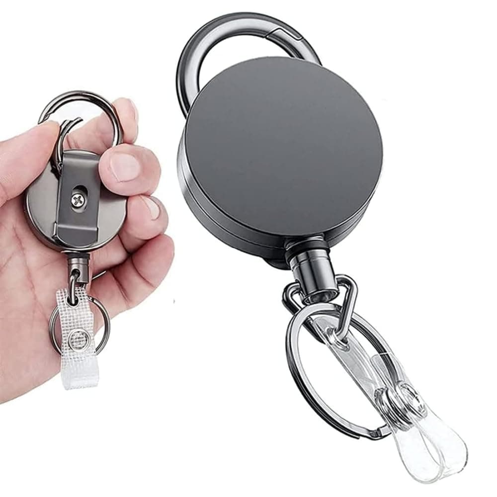Retractable Badge Holder Heavy Duty Badge Reels Id Holder Badge Holder Keychain All Metal Casing Steel Wire Cord, Reinforced Id Strap with Belt Clip Key Ring for Name Card Black