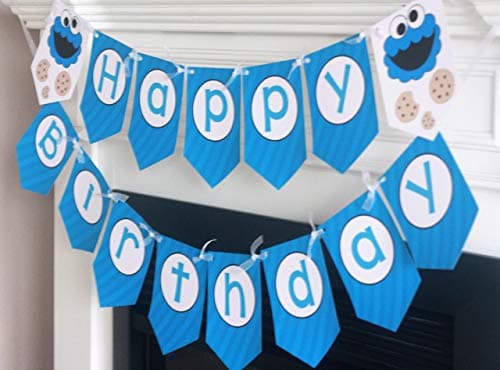 Cookie Monster Cookies Happy Birthday Blue Stripe Pennant Flag Theme Banner - Matching Items Available - Signs, Favor Tags, Cupcake Toppers etc.