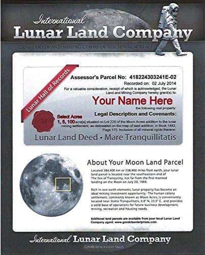 Gombita Enterprises Lunar Land Certificate - Special 100 Acres Photo Paper - English or Spanish - Customize When Ordering (One Hundred Acres English, Photo Paper 8.5 x 11 inch)