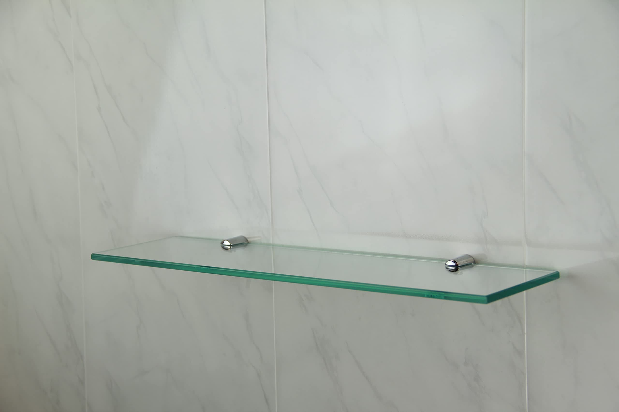 400mm x 100mm 6mm Thick Toughened Glass Shelf With Chrome Finish Shelf Supports