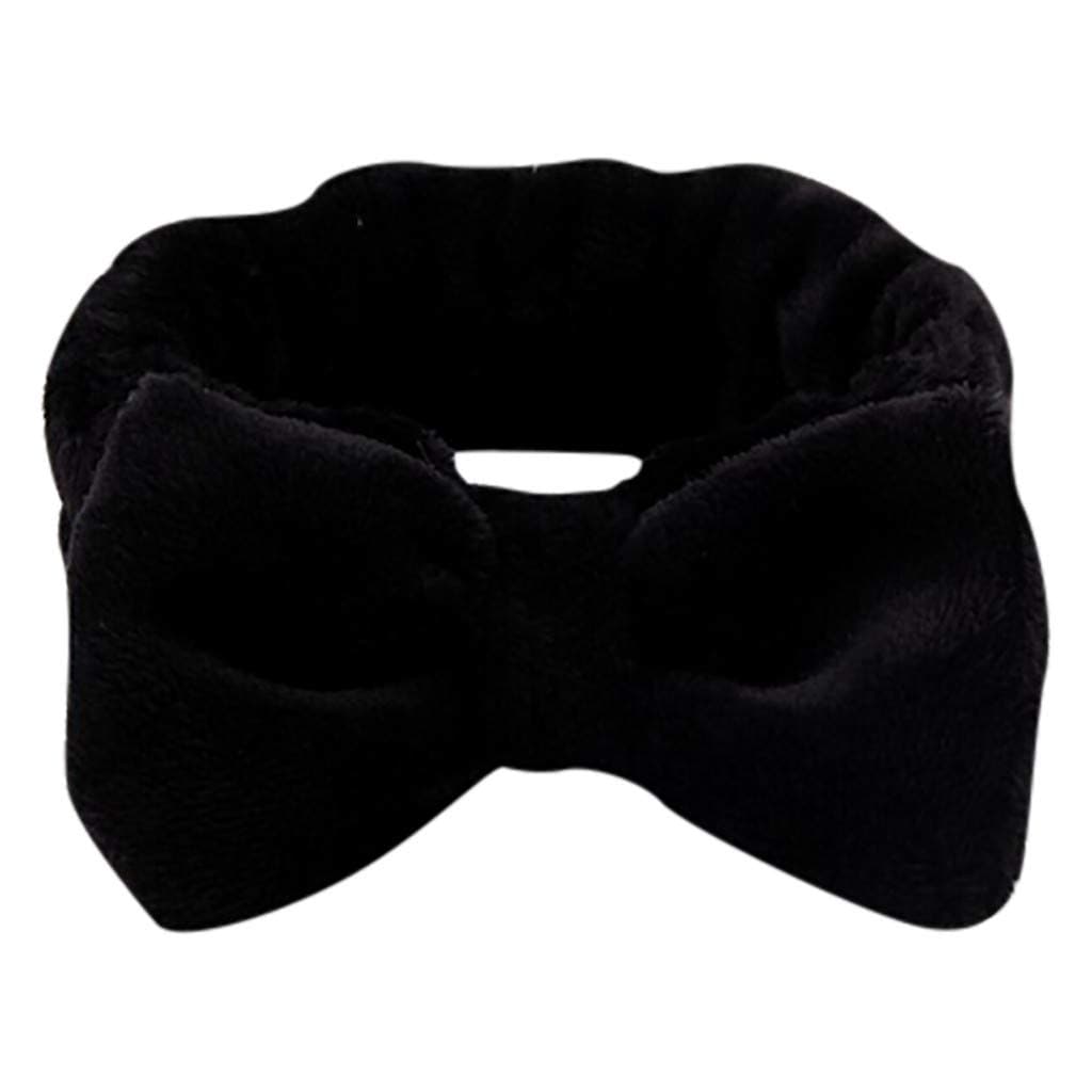 Womens Bow Hairband, Makeup Wash Face Shower Headband Coral Fleece Washable Elastic Headwear (Black)