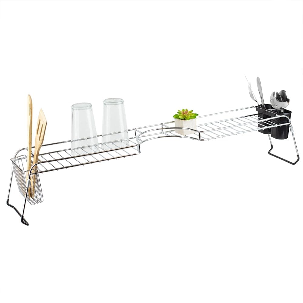 Home Basics Over Sink Shelf, (Chrome) Steel Over The Kitchen Sink Organizer for Soap, Sponges, Scrubbers, and More | with Cutlery Holder