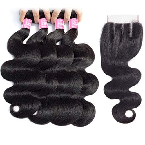 Brazilian Human Hair Bundles With Closure 8A Brazilian Straight Hair 4 Bundles With 4X4 Closure Grace Length Mink Brazilian Hair With Lace Closure(24 26 28 30+Closure 20,Three Part)