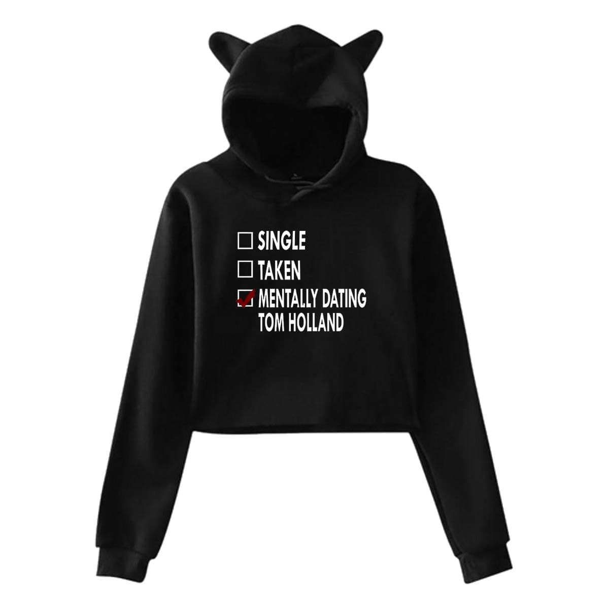 Cute Cat Ear Dating Tom Holland Women Girl Hoodies Long Sleeve Printed Pullover Sweatshirt Black