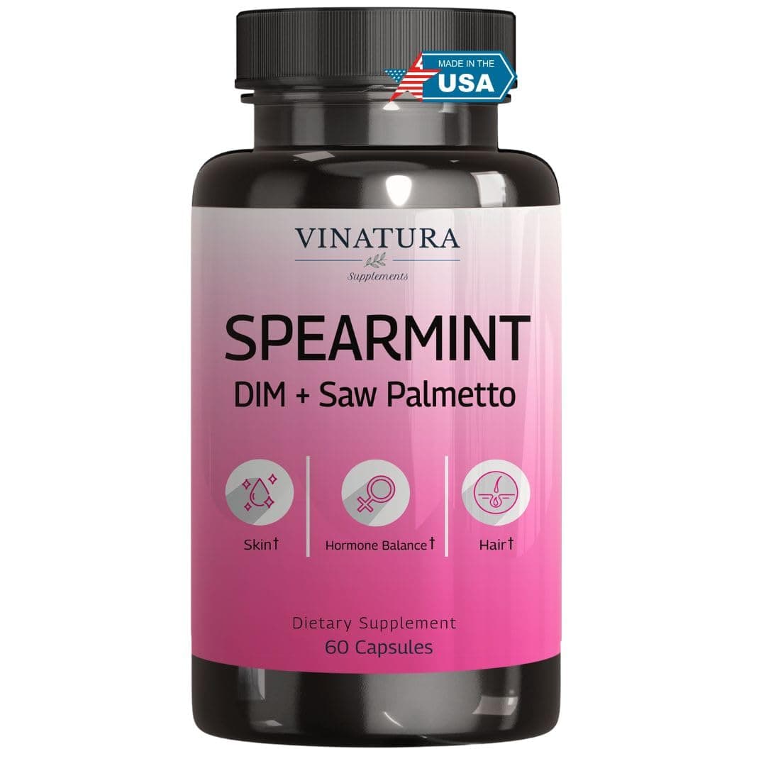 Spearmint Leaf Capsules Supplement - Enhanced with DIM & Saw Palmetto, for Unwanted Hair, Women' Health & Skin *USA Made & Tested* - 1380mg/serving, 60 Capsules (30 Servings)