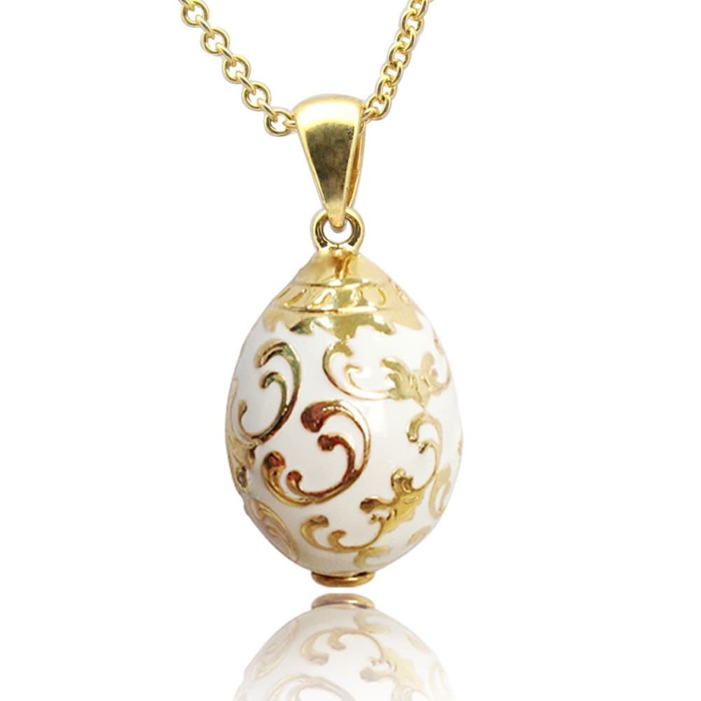 MYD Jewelry White Enameled Crystal Elegant Russian Faberge Egg Pendant Necklace for Womens