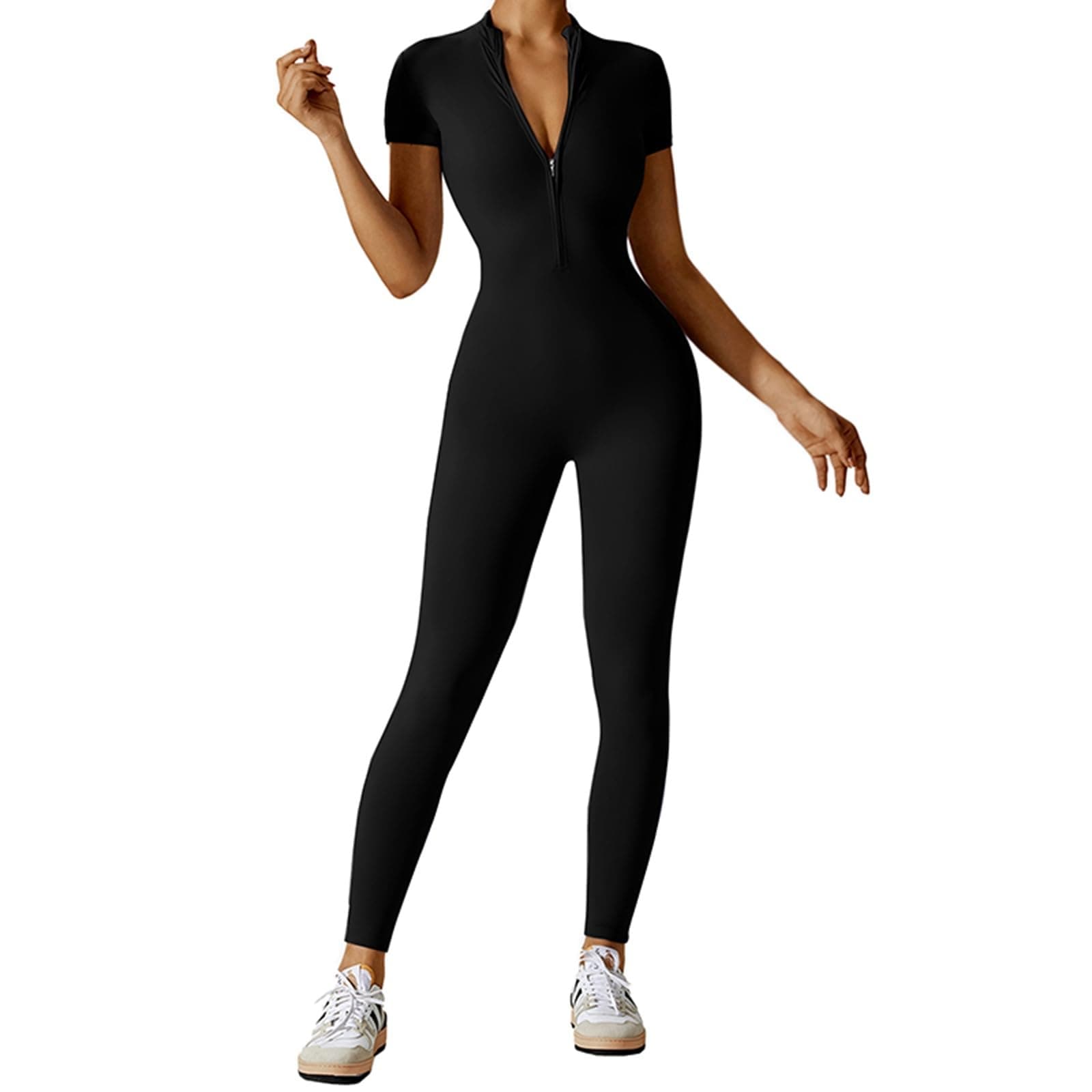 Women Yoga Jumpsuit Zip up Unitard Short Sleeve Bodysuit Sports Romper Stretchy Bodycon Playsuit Smooth Touch Workout Outfit Slim Fit One Piece Fitness Sportswear Daily Wear