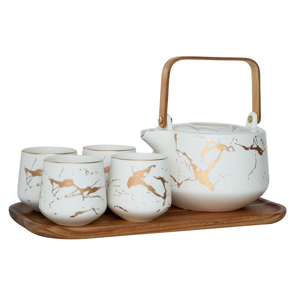 Sunddo White Marble Tea Service Set Ceramic Large Tea Pot (40 OZ), 4-Piece Tea Cups (6.7 OZ) with Wooden Tray - Modern Teapot, Tea Cups Set for Home and Office