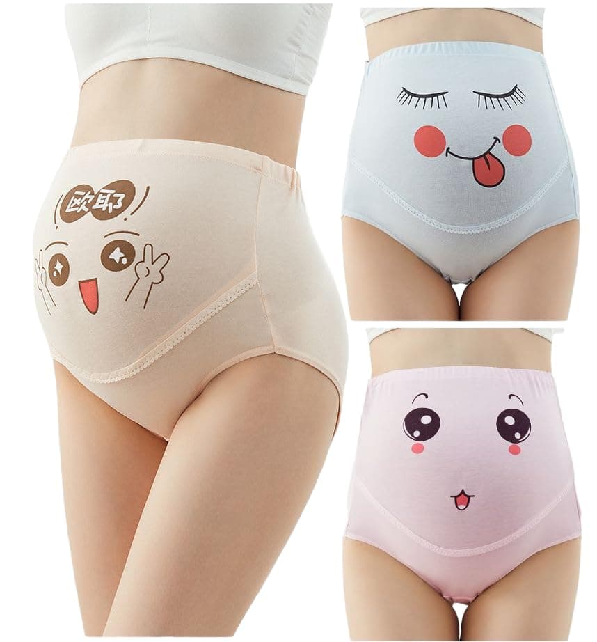 Women's Maternity High Waist Underwear Pack of 2 Cotton Pregnancy Panties Smile Printing Belly Underpants Over Bump Briefs with Adjustable Drawstring