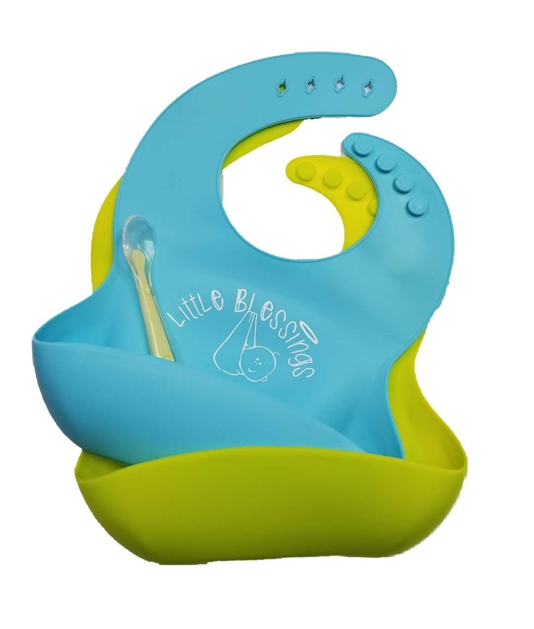 Little Blessings Silicone Baby Bib New Design Reinforced TABS Washable Comfortable Waterproof Free Silicone Spoon for Toddlers and Babies Set of 2 Easy Clean Wipe Off Soft Durable Rollup, Baby Bjorn