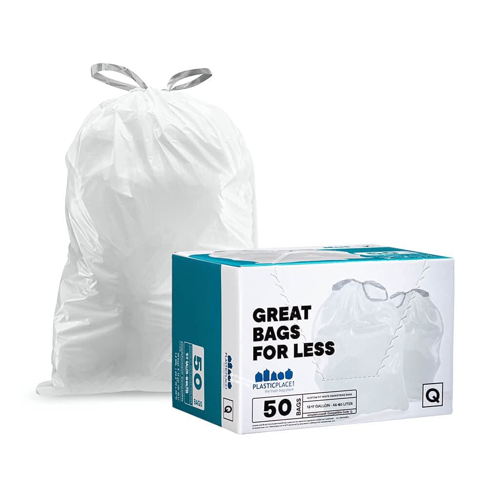 Custom Fit Trash Bags │ simplehuman (x) Code Q Compatible (50 Count) │ White Drawstring Garbage Liners 13-17 Gallon / 40-65 Liter │ 25.25" x 32.75"