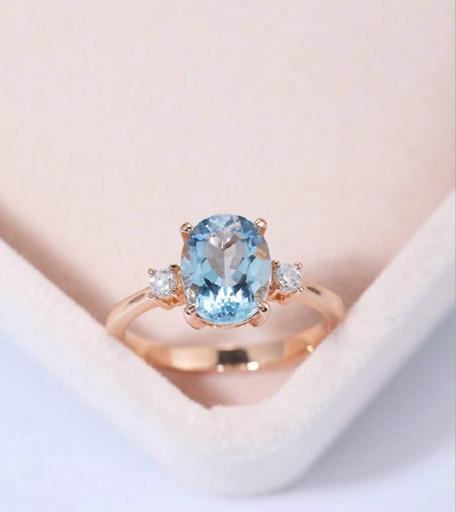 DUAN Fashion Jewelry 14k Gold Filled Natural Aquamarine Crystal Ring, Blue Topaz Natural Gemstone Engagement Wedding Ring Lady Size 6-10