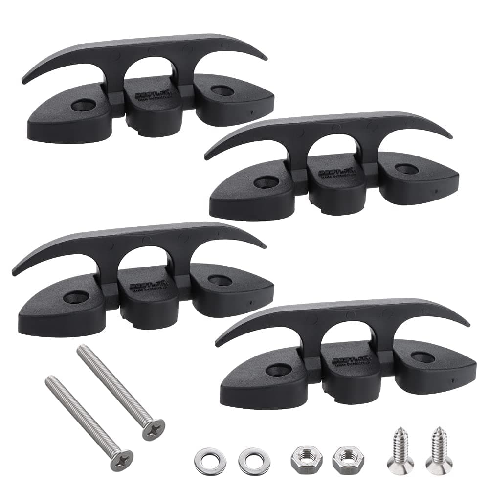4 Pcs 5" Folding Cleat, Flip-up Dock Cleat with Long Screws and Short Screws(M6). Marine Grade Nylon, Black, 2 Holes