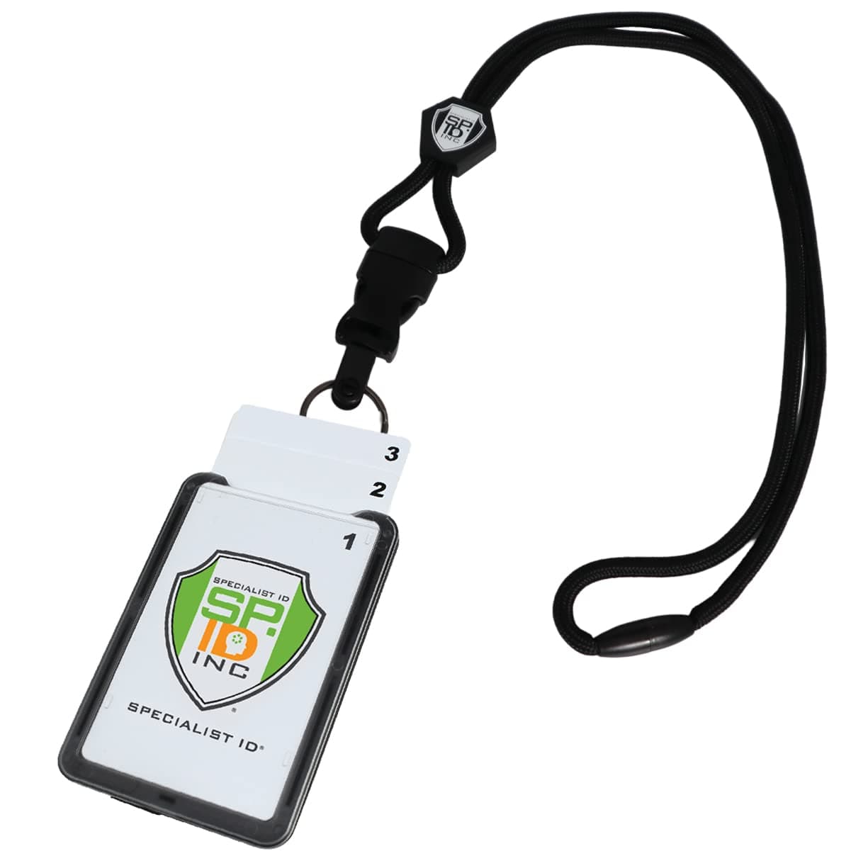 Vertical Top Load Three Card Badge Holder - Hard Plastic with Heavy Duty Breakaway Lanyard w Quick Release Metal Clip & Key Ring (One Holder / 3 Cards Inside) (Black)