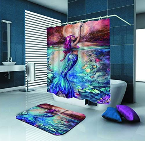SARA NELL Shower Curtain Sexy Mermaid Want to Touch Moon 72X72In Polyester Fabric Shower Curtain Set 15.7X23.6In Flannel Non-Slip Floor Doormat Bath Rugs