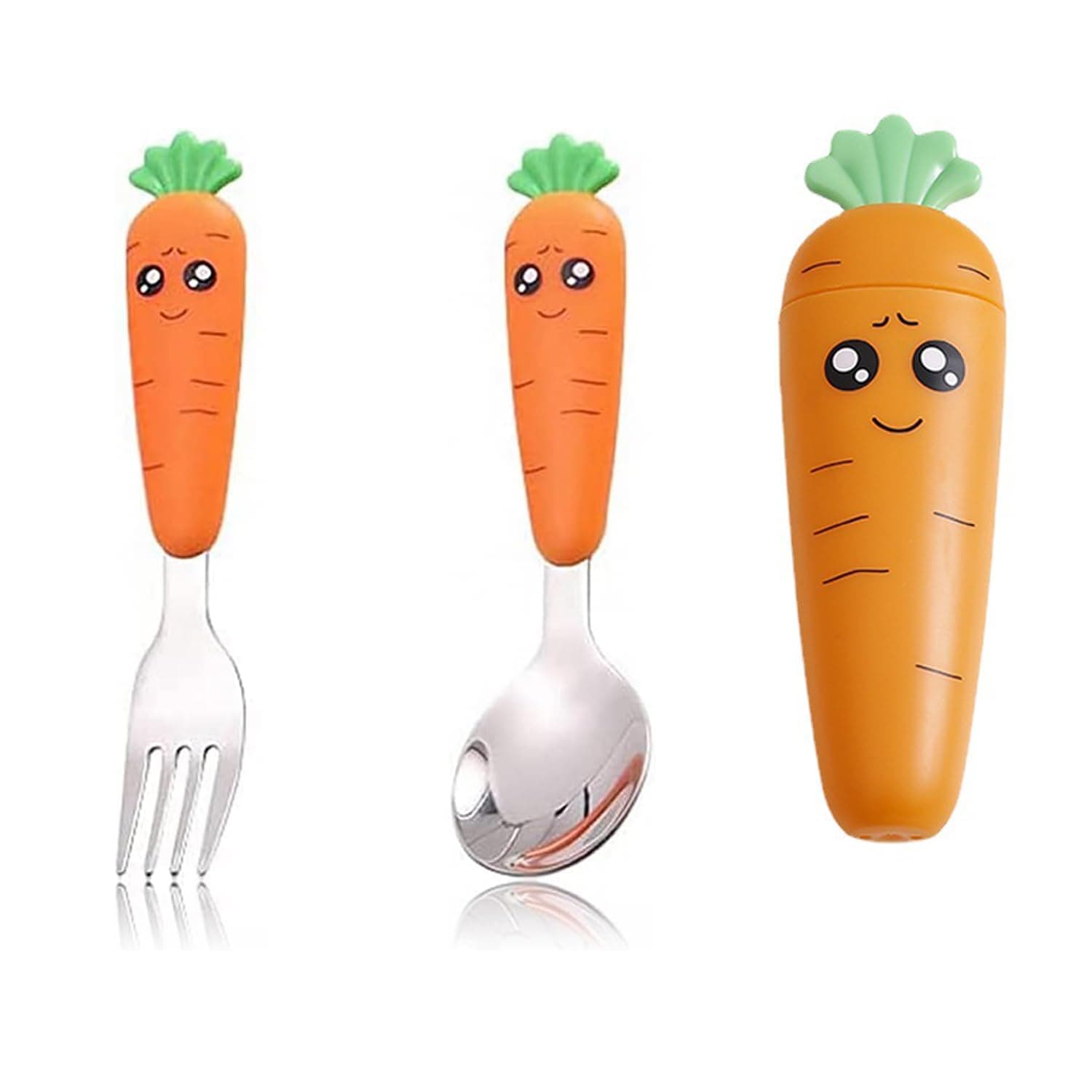 WEZCHUGHAOL 2 Pcs Toddler Utensils, Stainless Steel Kids Spoons and Forks Set, Travel Cutlery Set with Case, Cute Carrot Spoon Fork Children Flatware, for Toddler, Kids