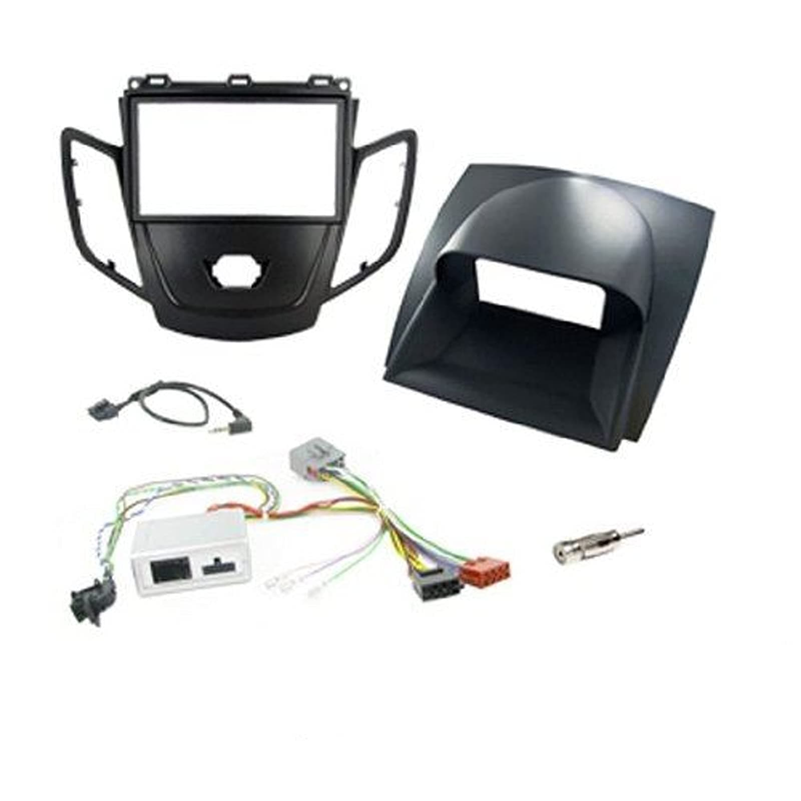 T1-Audio T1-CTKFD07 Ford Fiesta >2010 Complete Car Stereo Double Din Facia Fitting Kit, CT23FD25, CTSFO004, Black Double Din Facia Panel and Steering Stalk Lead, Vehicles with 14 Pin ISO (volvo Style) Plugs ONLY, With Grey Display Cover