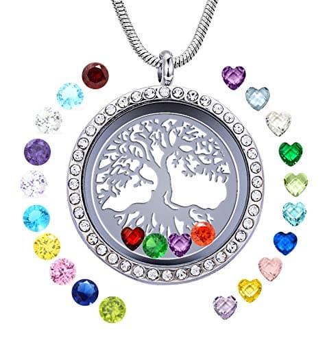JOLIN Family Tree Life Locket Necklace Pendant with Birthstones, Silver DIY Floating Charms Memory, Gifts for Mom Mother Grandma Nana Aunt Niece Sister Women Girls